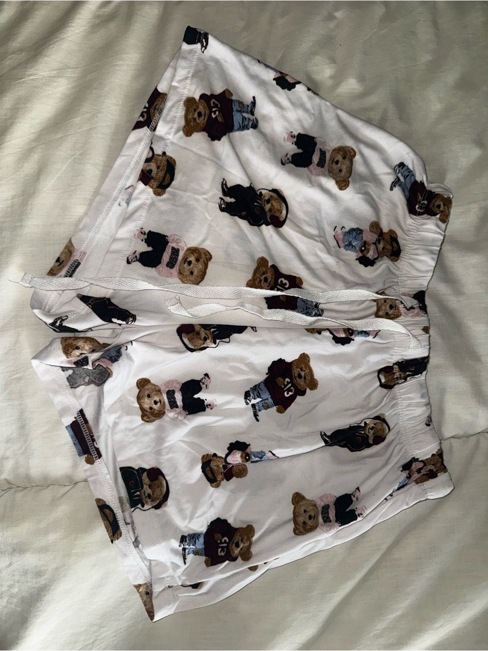 Cute Bear Print White Shorts